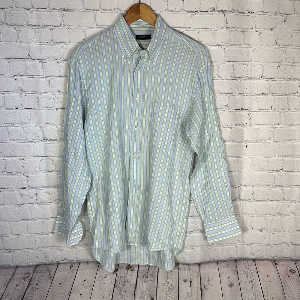 Canali‎ Linen Blend Button up Shirt M Medium Made in  Italy Blue Green Striped